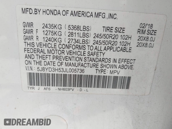 2018 Acura MDX Technology with VIN 5J8YD3H53JL005736, listed as a IAAI auction lot 42272523 with 137,956 mi miles and . Bid and sale history available at DreamBid. Image 9.