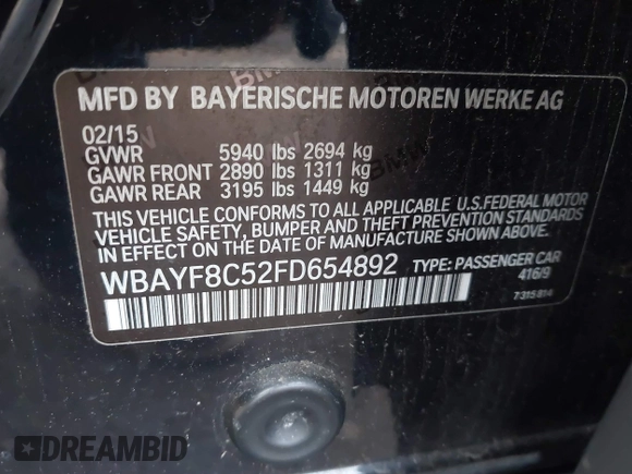 2015 BMW 7 Series 750Li xDrive with VIN WBAYF8C52FD654892, listed as a IAAI auction lot 41368616 with 158,140 mi miles. Bid and sale history available at carsss.com. Image 9.