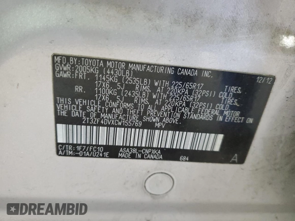 2012 Toyota RAV4 with VIN 2T3ZF4DVXCW155769, listed as a Copart auction lot 52463745 with 183,277 mi miles and Salvage Title. Bid and sale history available at carsss.com. Image 14.