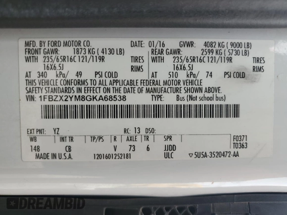 2016 Ford Transit XL z VIN 1FBZX2YM8GKA68538, wystawiony jako Copart lot #84633944 z przebiegiem 126 611 mil mil oraz Czysty tytuł • Clean title. Historia ofert i sprzedaży dostępna na DreamBid. Obrazek 13.