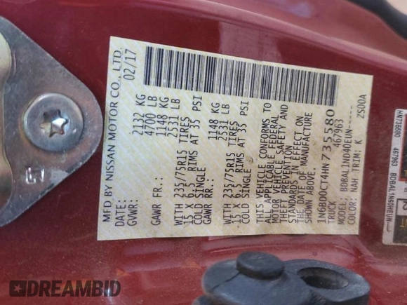 2017 Nissan Frontier SV z VIN 1N6BD0CT4HN735580, wystawiony jako Copart lot #59987455 z przebiegiem 82 396 mil mil oraz Szkoda całkowita • Salvage title. Historia ofert i sprzedaży dostępna na DreamBid. Obrazek 12.