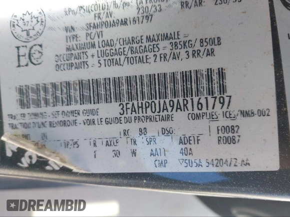 2010 Ford Fusion SEL with VIN 3FAHP0JA9AR161797, listed as a IAAI auction lot 41908310 with 177,528 mi miles. Bid and sale history available at carsss.com. Image 8.