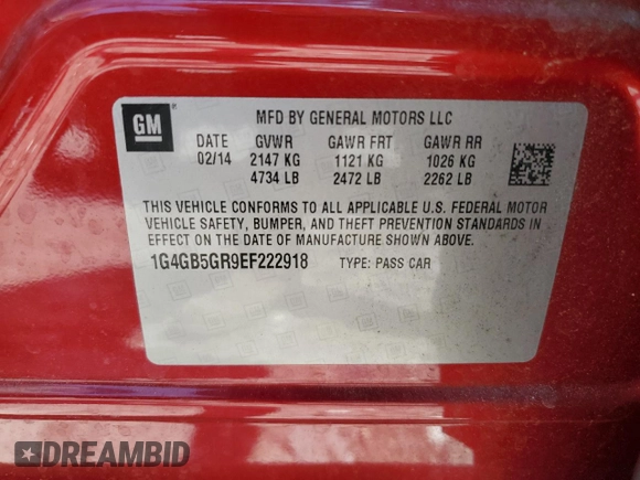 2014 Buick LaCrosse Leather with VIN 1G4GB5GR9EF222918, listed as a Copart auction lot 72066514 with 58,757 mi miles and Salvage Title. Bid and sale history available at carsss.com. Image 12.