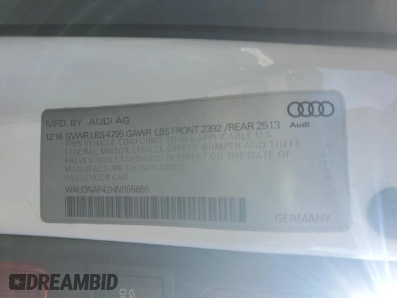 2017 Audi A4 Premium with VIN WAUDNAF42HN055855, listed as a Copart auction lot 56371195 with 31,530 mi miles and Salvage title. Bid and sale history available at DreamBid. Image 13.