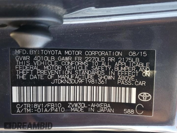 2015 Toyota Prius Four with VIN JTDKN3DU9F1981361, listed as a Copart auction lot 49960535 with 375,667 mi miles and Salvage Title. Bid and sale history available at carsss.com. Image 13.