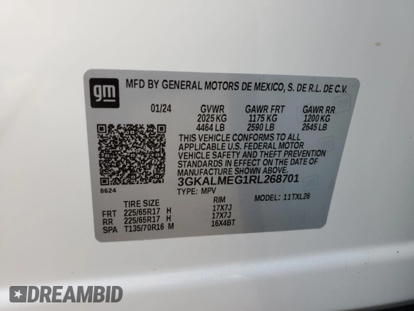2024 GMC Terrain SLE with VIN 3GKALMEG1RL268701, listed as a Copart auction lot 55166565 with 9,849 mi miles and Salvage title. Bid and sale history available at DreamBid. Image 13.