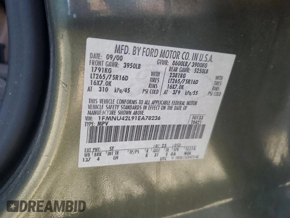 2001 Ford Excursion Limited с VIN 1FMNU42L91EA78236, выставлен на аукционе Copart как лот 77689664 с пробегом 228 761 миль миль и Чистый • Clean title. История ставок и продаж доступна на DreamBid. Изображение 13.