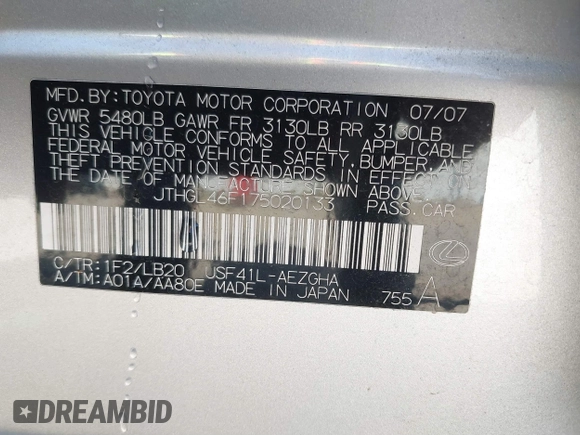2007 Lexus LS 460 L с VIN JTHGL46F175020133, выставлен на аукционе IAAI как лот 41641173 с пробегом 179 107 миль миль и . История ставок и продаж доступна на DreamBid. Изображение 9.
