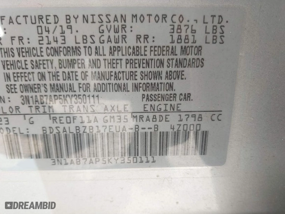 2019 Nissan Sentra S with VIN 3N1AB7AP5KY350111, listed as a IAAI auction lot 41706298 with 75,846 mi miles. Bid and sale history available at carsss.com. Image 9.