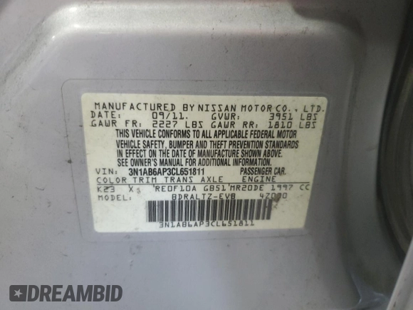 2012 Nissan Sentra SR with VIN 3N1AB6AP3CL651811, listed as a Copart auction lot 64573045 with 171,130 mi miles and Salvage title. Bid and sale history available at DreamBid. Image 12.