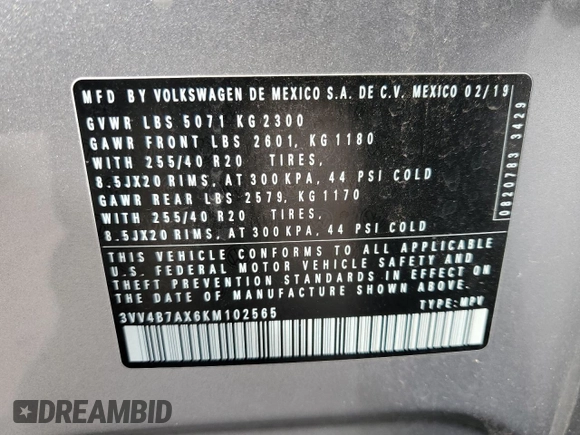 2019 Volkswagen Tiguan SEL Premium with VIN 3VV4B7AX6KM102565, listed as a Copart auction lot 54033695 with 45,886 mi miles and Salvage Title. Bid and sale history available at DreamBid. Image 13.