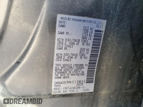 2023 Nissan Titan SV с VIN 1N6AA1EC9PN115815, выставлен на аукционе Copart как лот 50209625 с пробегом 35 280 миль миль и На запчасти • Non repairable. История ставок и продаж доступна на DreamBid. Изображение 12.