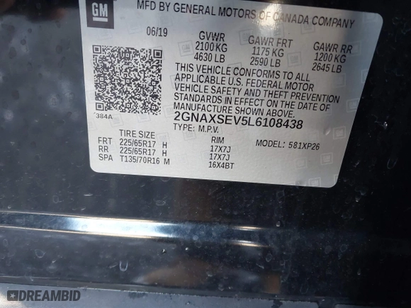 2020 Chevrolet Equinox LS with VIN 2GNAXSEV5L6108438, listed as a IAAI auction lot 40998921 with 48,028 mi miles. Bid and sale history available at carsss.com. Image 9.