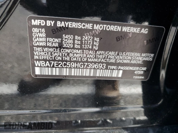 2017 BMW 7 Series 740i with VIN WBA7E2C59HG739693, listed as a Copart auction lot 42599835 with 90,061 mi miles and Salvage Title. Bid and sale history available at carsss.com. Image 14.