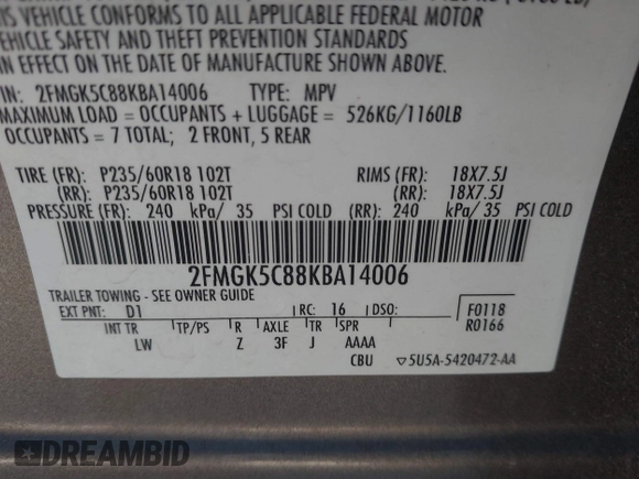 2019 Ford Flex SEL with VIN 2FMGK5C88KBA14006, listed as a IAAI auction lot 41504659 with 78,098 mi miles. Bid and sale history available at carsss.com. Image 9.
