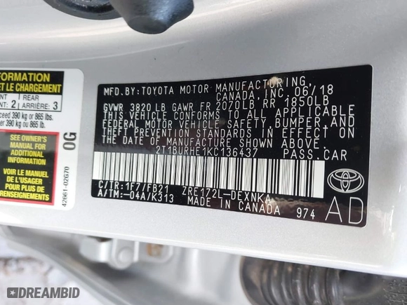 2019 Toyota Corolla L with VIN 2T1BURHE1KC136437, listed as a IAAI auction lot 41763222 with 117,152 mi miles. Bid and sale history available at carsss.com. Image 9.