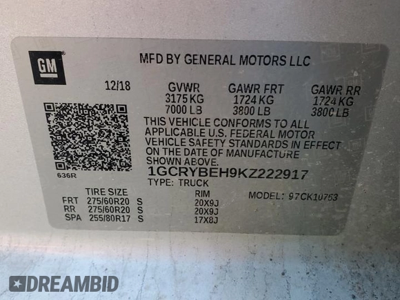 2019 Chevrolet Silverado 1500 Custom with VIN 1GCRYBEH9KZ222917, listed as a Copart auction lot 44369895 with 98,872 mi miles and Salvage Title. Bid and sale history available at DreamBid. Image 14.