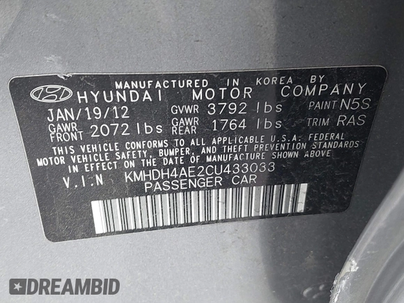 2012 Hyundai Elantra Limited with VIN KMHDH4AE2CU433033, listed as a IAAI auction lot 42006893 with 124,892 mi miles. Bid and sale history available at carsss.com. Image 9.