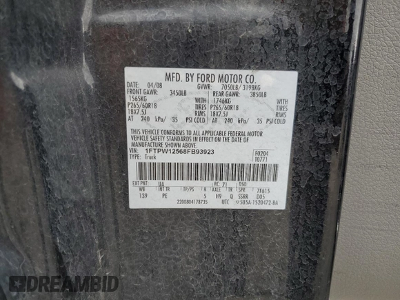 2008 Ford F-150 XLT z VIN 1FTPW12568FB93923, wystawiony jako Copart lot #54959805 z przebiegiem 204 198 mil mil oraz Szkoda całkowita • Salvage title. Historia ofert i sprzedaży dostępna na DreamBid. Obrazek 12.