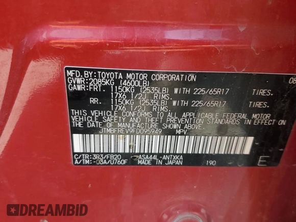 2015 Toyota RAV4 LE with VIN JTMBFREV9FD095949, listed as a Copart auction lot 56495555 with 167,519 mi miles and Salvage title. Bid and sale history available at DreamBid. Image 13.