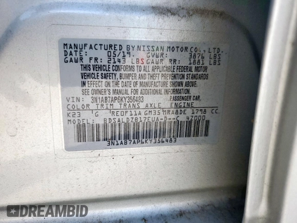 2019 Nissan Sentra S with VIN 3N1AB7AP6KY356483, listed as a Copart auction lot 50626135 with 48,195 mi miles and Salvage Title. Bid and sale history available at carsss.com. Image 15.