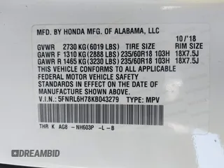 2019 Honda Odyssey EX-L with VIN 5FNRL6H78KB043279, listed as a IAAI auction lot 42041202 with 67,007 mi miles. Bid and sale history available at carsss.com. Image 9.