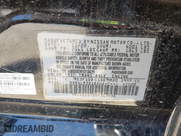 2022 Nissan Sentra SR z VIN 3N1AB8DV0NY313438, wystawiony jako IAAI lot #42076992 z przebiegiem Nie podano mil oraz . Historia ofert i sprzedaży dostępna na DreamBid. Obrazek 9.