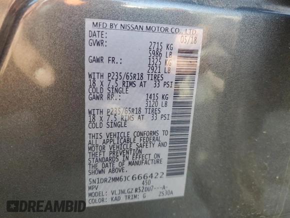 2018 Nissan Pathfinder SL with VIN 5N1DR2MM6JC666422, listed as a Copart auction lot 51626675 with 82,134 mi miles and Salvage title. Bid and sale history available at DreamBid. Image 13.