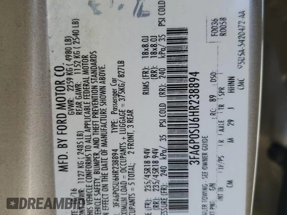 2017 Ford Fusion Titanium with VIN 3FA6P0SU6HR238894, listed as a Copart auction lot 65726865 with Not provided miles and Salvage title. Bid and sale history available at DreamBid. Image 12.