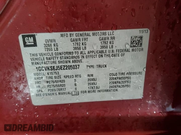 2014 Chevrolet Silverado 1500 LTZ with VIN 1GCVKSEJ5EZ205037, listed as a Copart auction lot 42328535 with 266,840 mi miles and Salvage Title. Bid and sale history available at DreamBid. Image 13.