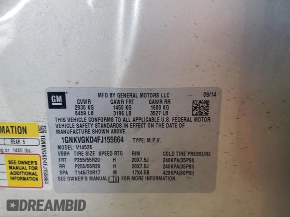 2015 Chevrolet Traverse LT with VIN 1GNKVGKD4FJ155664, listed as a Copart auction lot 60278545 with 112,115 mi miles and Salvage title. Bid and sale history available at DreamBid. Image 13.