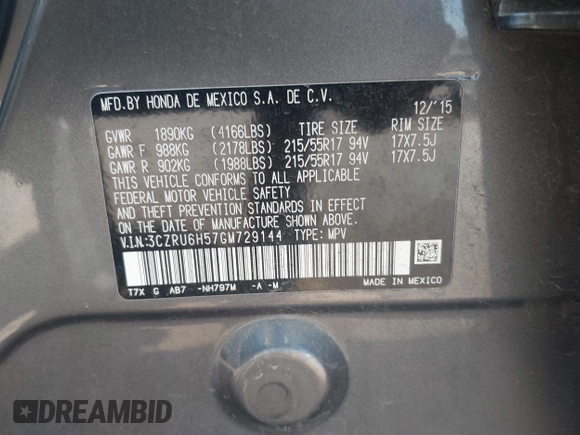 2016 Honda HR-V EX with VIN 3CZRU6H57GM729144, listed as a IAAI auction lot 42148369 with 190,139 mi miles. Bid and sale history available at carsss.com. Image 9.