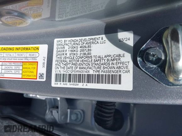 2024 Honda Accord Sport with VIN 1HGCY2F5XRA051406, listed as a IAAI auction lot 42598024 with 23,322 mi miles and . Bid and sale history available at DreamBid. Image 9.