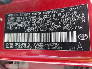 2010 Toyota Prius II with VIN JTDKN3DUXA0219610, listed as a IAAI auction lot 42015825 with 263,492 mi miles. Bid and sale history available at carsss.com. Image 9.