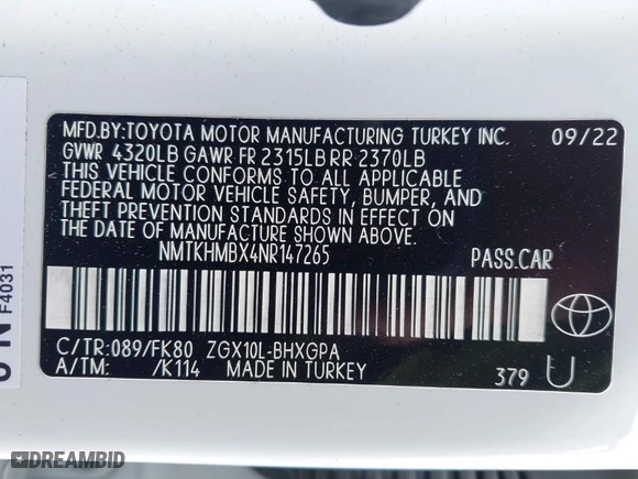 2022 Toyota C-HR XLE with VIN NMTKHMBX4NR147265, listed as a IAAI auction lot 41291034 with 22,403 mi miles. Bid and sale history available at carsss.com. Image 9.
