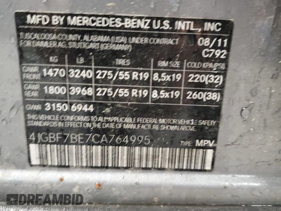 2012 Mercedes-Benz GL-Class GL 450 with VIN 4JGBF7BE7CA764995, listed as a Copart auction lot 52902345 with 203,652 mi miles and Clean Title. Bid and sale history available at carsss.com. Image 13.