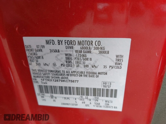 2009 Ford F-150 STX с VIN 1FTRX12879KC75877, выставлен на аукционе IAAI как лот 42391986 с пробегом 145 395 миль миль и . История ставок и продаж доступна на DreamBid. Изображение 9.