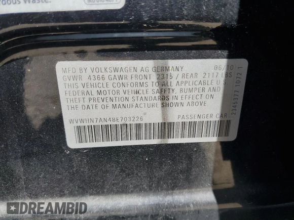 2011 Volkswagen CC Lux Plus with VIN WVWHN7AN4BE703226, listed as a Copart auction lot 52021595 with 132,242 mi miles and Salvage Title. Bid and sale history available at carsss.com. Image 14.