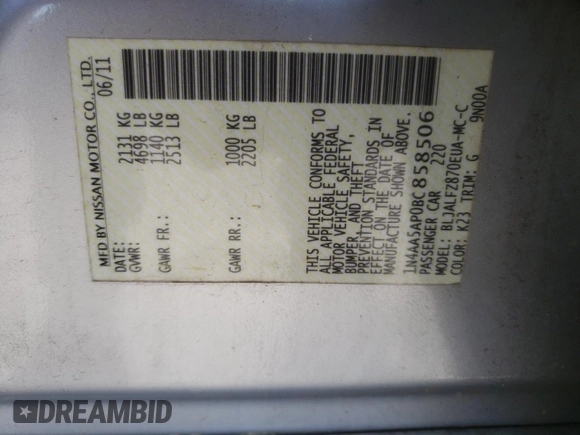 2011 Nissan Maxima SV with VIN 1N4AA5AP0BC858506, listed as a Copart auction lot 51858115 with 150,937 mi miles and Salvage Title. Bid and sale history available at DreamBid. Image 14.