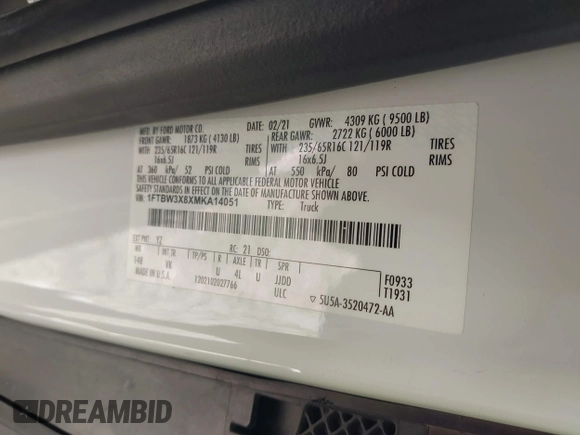 2021 Ford Transit Cargo with VIN 1FTBW3X8XMKA14051, listed as a IAAI auction lot 41672248 with 127,438 mi miles. Bid and sale history available at carsss.com. Image 9.
