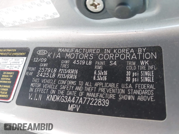 2010 Kia Sportage LX with VIN KNDKG3A47A7722839, listed as a IAAI auction lot 42017569 with 187,100 mi miles and . Bid and sale history available at carsss.com. Image 9.