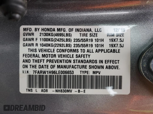 2020 Honda CR-V Touring z VIN 7FARW1H96LE006653, wystawiony jako Copart lot #57167475 z przebiegiem 49 286 mil mil oraz Szkoda całkowita • Salvage title. Historia ofert i sprzedaży dostępna na DreamBid. Obrazek 14.