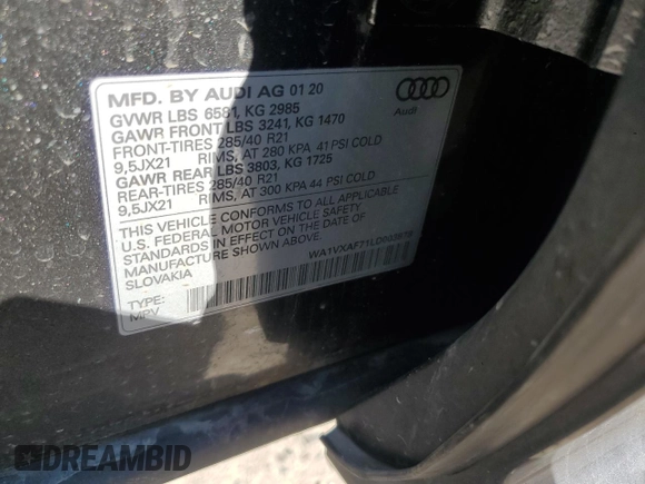 2020 Audi Q7 Prestige with VIN WA1VXAF71LD003878, listed as a Copart auction lot 60166025 with 34,093 mi miles and Salvage title. Bid and sale history available at DreamBid. Image 13.