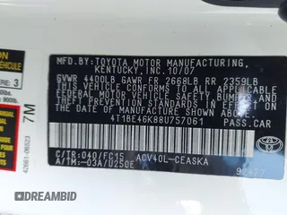 2008 Toyota Camry LE z VIN 4T1BE46K88U757061, wystawiony jako IAAI lot #41409155 z przebiegiem 154 677 mil mil oraz . Historia ofert i sprzedaży dostępna na DreamBid. Obrazek 9.