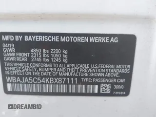 2019 BMW 5 Series 530i with VIN WBAJA5C54KBX87111, listed as a IAAI auction lot 41640822 with 55,500 mi miles and . Bid and sale history available at DreamBid. Image 9.