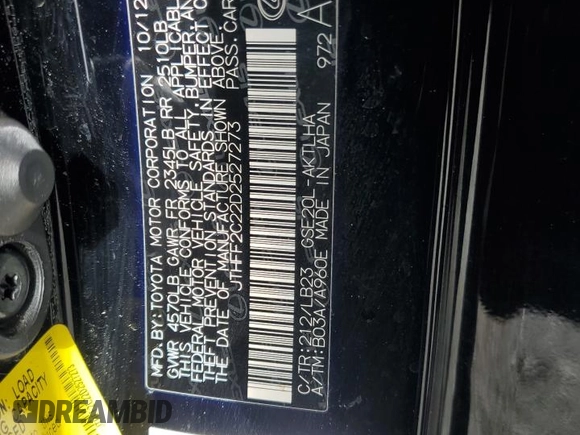 2013 Lexus IS 250 C с VIN JTHFF2C22D2527273, выставлен на аукционе Copart как лот 45405925 с пробегом Не указан миль и Списание • Salvage title. История ставок и продаж доступна на DreamBid. Изображение 15.