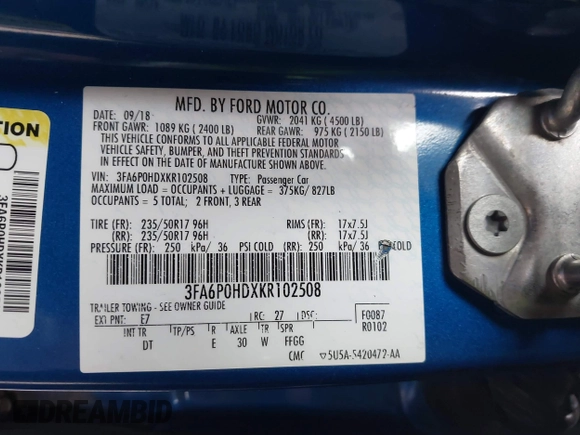 2019 Ford Fusion SE with VIN 3FA6P0HDXKR102508, listed as a IAAI auction lot 41849508 with 133,593 mi miles. Bid and sale history available at carsss.com. Image 9.