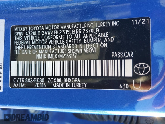 2021 Toyota C-HR LE with VIN NMTKHMBX7MR138137, listed as a Copart auction lot 76988354 with 44,574 mi miles and Salvage Title. Bid and sale history available at DreamBid. Image 13.