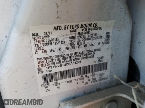 2012 Ford F-250 XL z VIN 1FT7W2BT4CEA51296, wystawiony jako Copart lot #55537375 z przebiegiem 243 184 mil mil oraz Czysty tytuł • Clean title. Historia ofert i sprzedaży dostępna na DreamBid. Obrazek 12.