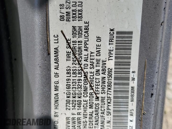 2019 Honda Ridgeline RTL-E with VIN 5FPYK3F77KB015092, listed as a Copart auction lot 48459345 with Not provided miles and Salvage title. Bid and sale history available at DreamBid. Image 12.